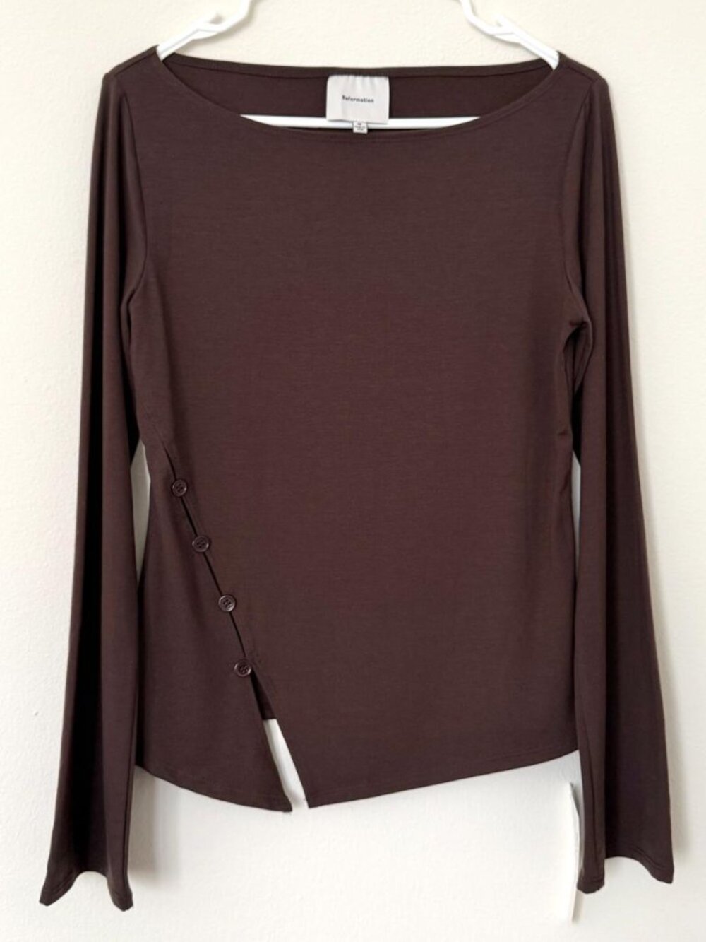 NWT Reformation Brown Asymmetrical Button Long Sleeve Top Size M